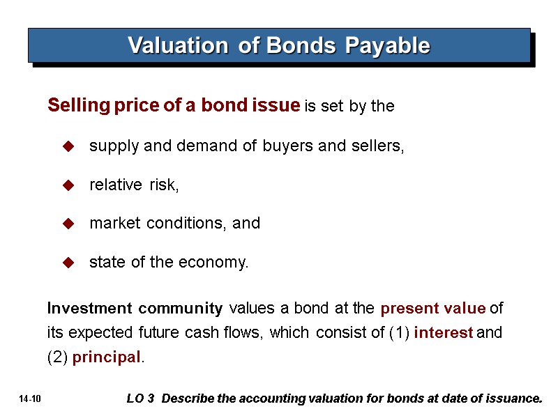 Valuation of Bonds Payable LO 3  Describe the accounting valuation for bonds at